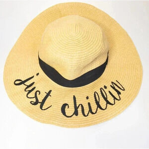 CC Womens Wide Brim Floppy Just Chillin Straw Hat Vacation Vaca Black Tan Embroi